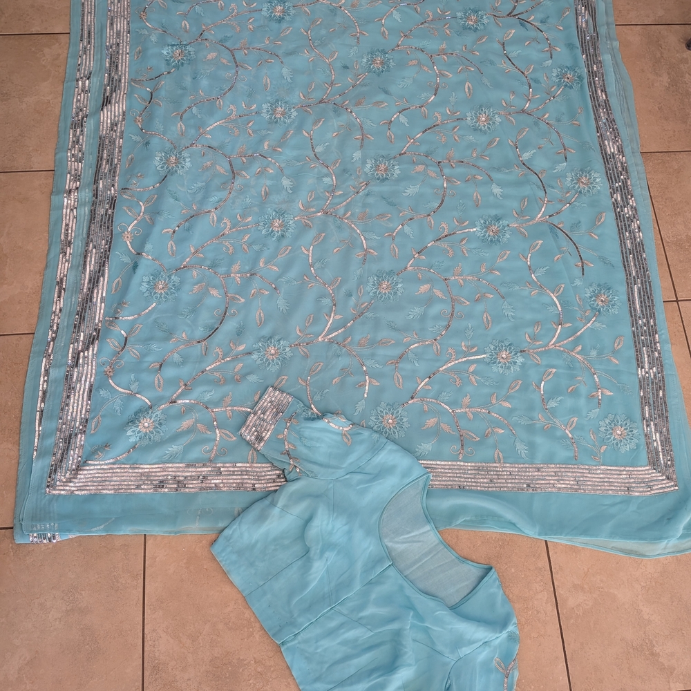 Elegant Blue and Silver Embroidered Saree